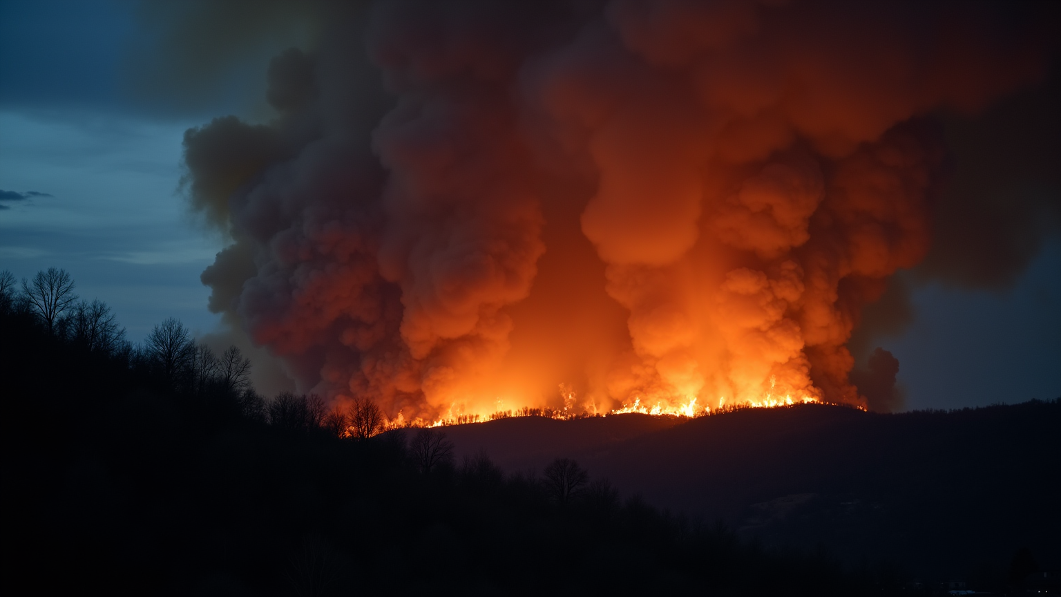 Grand incendie de forêt derrière une colline sombre, avec un immense panache de fumée.