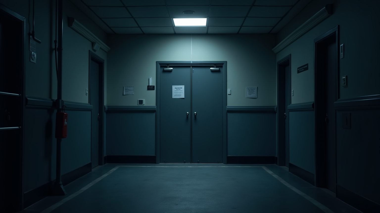 Illustration d’une porte métallique fermée au bout d’un couloir administratif sombre.