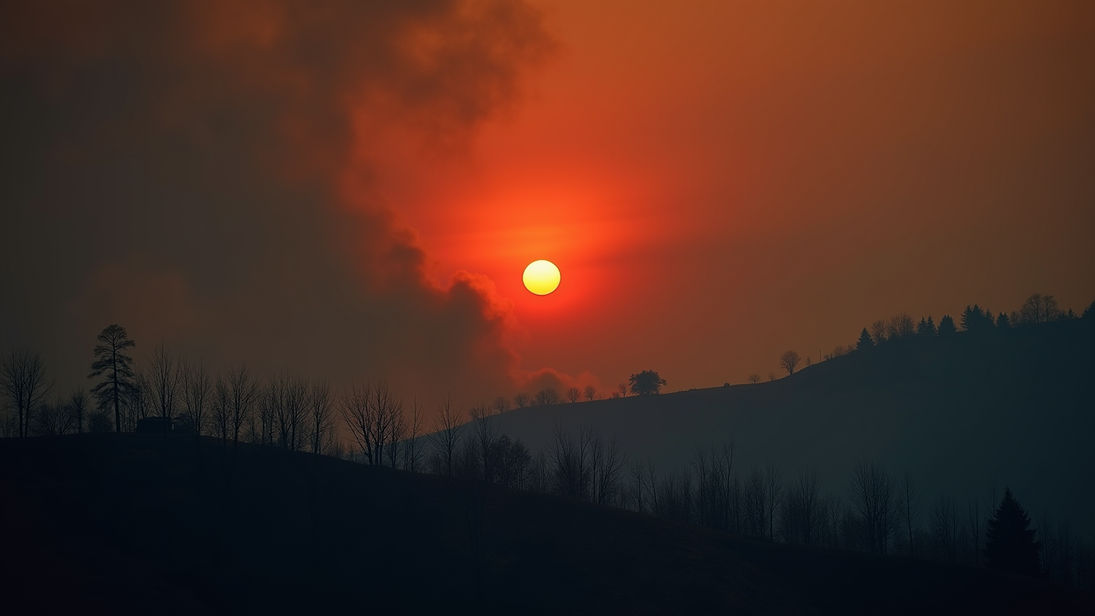 Soleil rouge visible à travers la fumée d'un incendie au-dessus d'un paysage calciné.