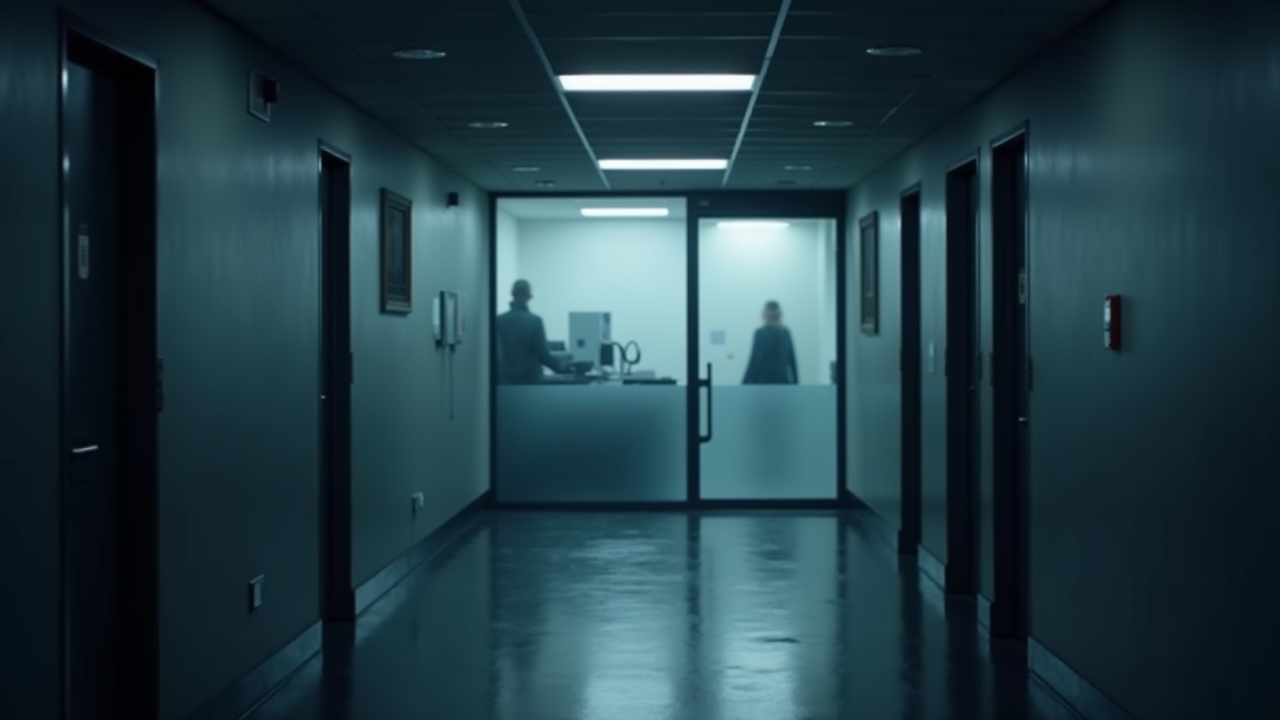 Couloir vide d'un bâtiment administratif la nuit, porte vitrée fermée au fond.