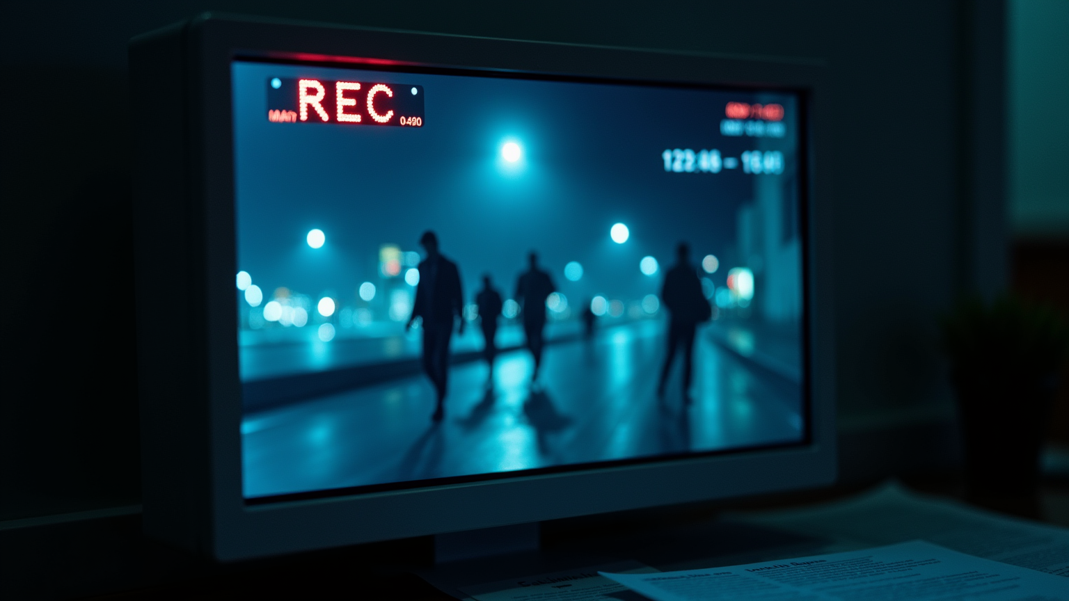 Écran de vidéosurveillance dans une pièce sombre, rue nocturne floue, indicateur d'enregistrement rouge visible.