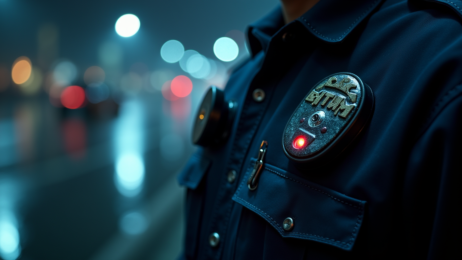 Gros plan d'une caméra-piéton fixée sur un uniforme de policier, voyant rouge d'enregistrement allumé.