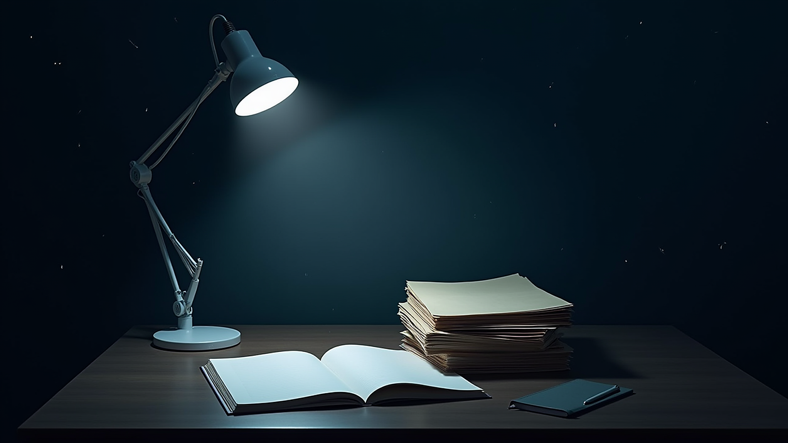 Pile de dossiers et de feuilles sur un bureau sombre éclairé par une lampe de travail, sans aucun texte lisible