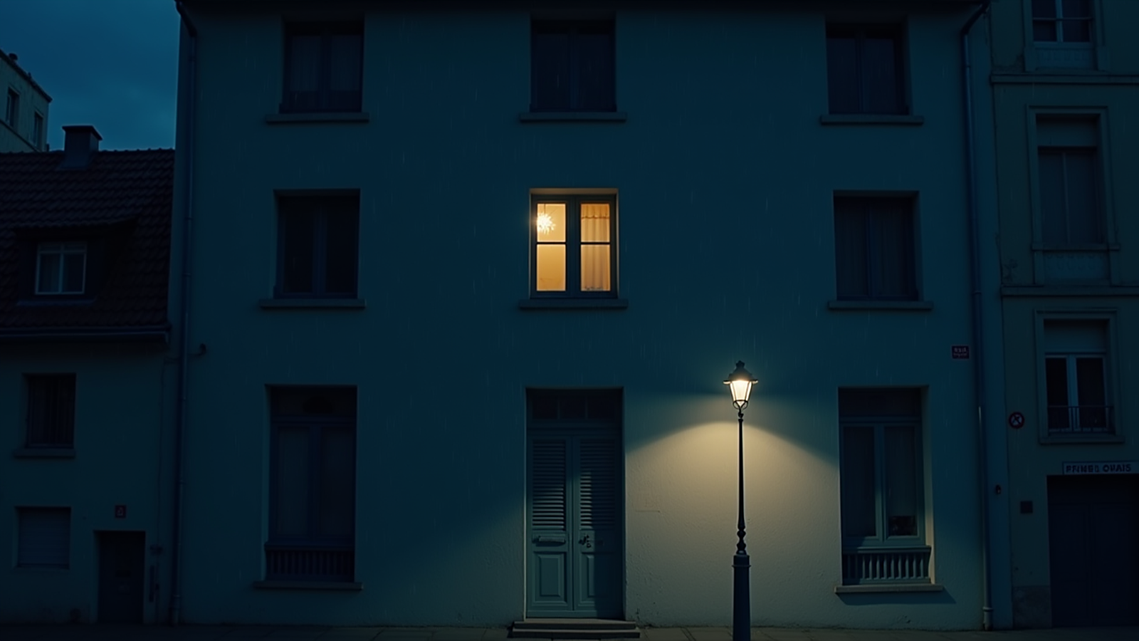 Façade d'immeuble la nuit sous la pluie, avec une seule fenêtre éclairée